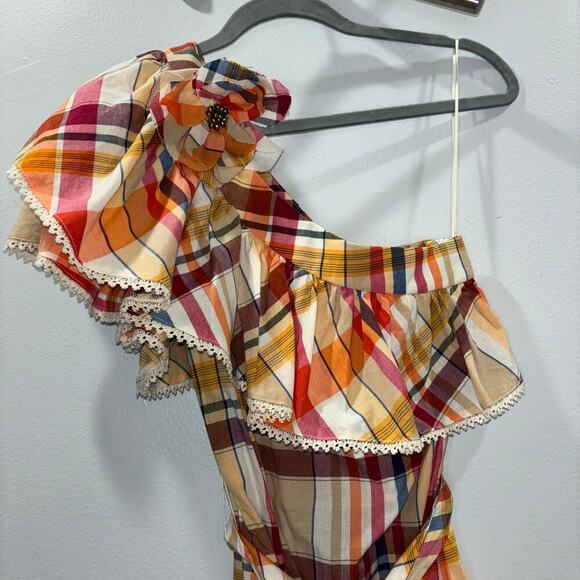 Trina Turk Reyes One Shoulder Plaid Dress with Detachable Flower – Size 0 – NWT - Picture 5 of 14
